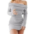 thumbnail image 2 of NSLGXD Women's Off Shoulder Sweater Dress Fleece Long Sleeve Knit Bodycon Mini Dress Fall Winter Warm Sweaters Knit Crochet Ruched Cocktail Party Dresses, 2 of 6