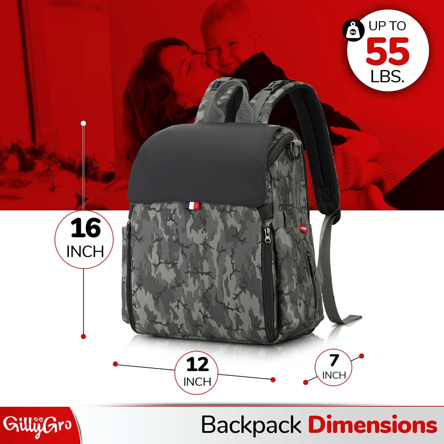 GillyGro Diaper Bag Backpack Set with In-built Booster, Roll-out Changing Pad, Organizer Insert, Extra Shoulder Strap | Unisex Gift for Mom Dad Girl Boy