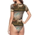 thumbnail image 3 of Uemuo Three Horses Oil Painting Pattern Women's One Piece Short Sleeve Swimsuit Rash Guard Surfing Modest Quick-drying Swimsuit Beach Essentials-XX-Large, 3 of 9