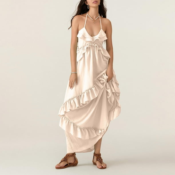 WRKEKC Summer Dresses for Women Solid Color Spaghetti Strap Halter Tie Detail Backless Midi Dress with Bodycon Fit for Beach WRKEKC Summer Dresses for Women Solid Color Spaghetti Strap Halter Tie Detail Backless Midi Dress with Bodycon Fit for Beach