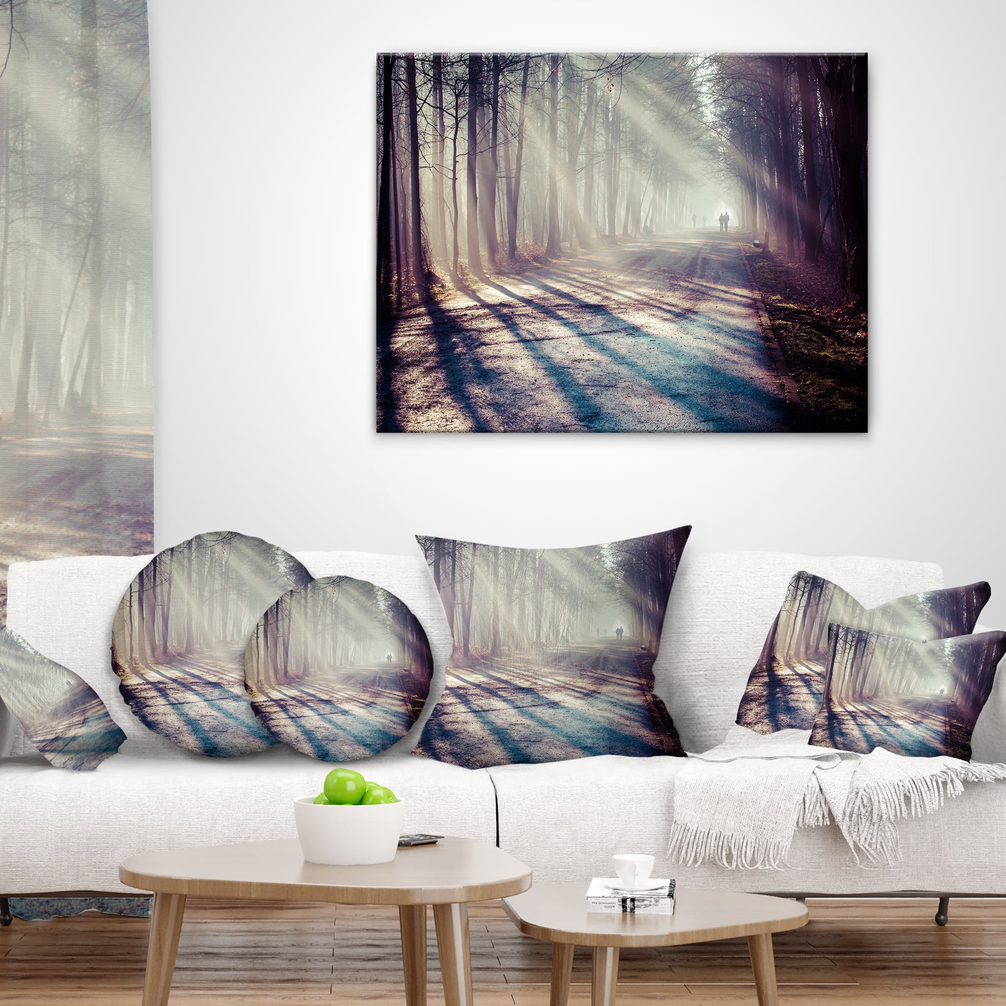 Designart Strong Sunbeams in Thick Forest - Landscape Photography Throw Pillow - 12x20