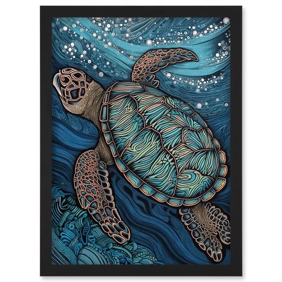 Vibrant Sea Turtle Swimming Under the Surface Artwork Framed Wall Art Print A4
