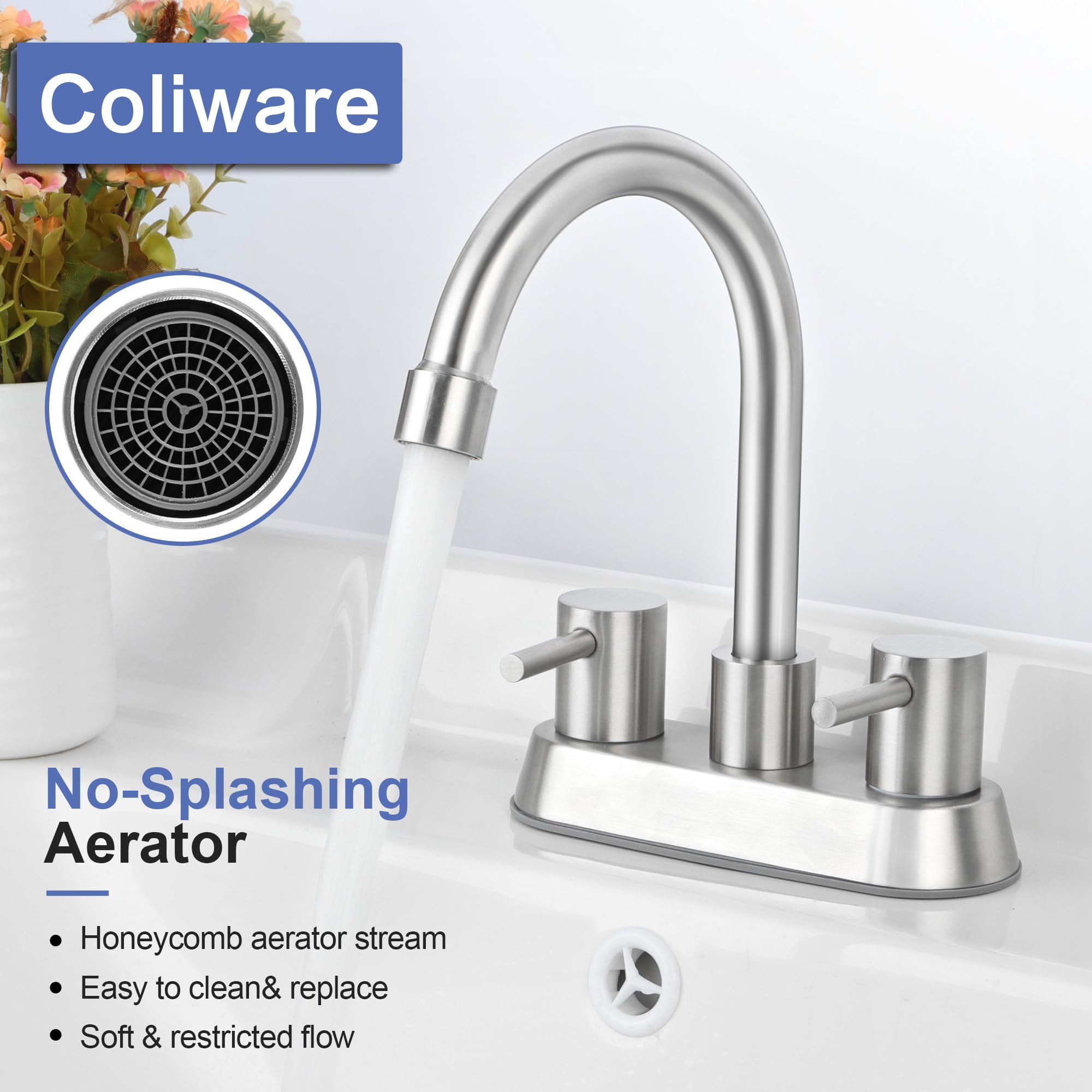 Coliware 4 inch Brushed Nickel 2-Handle Bathroom Sink Faucet, Bathroom Faucet Monomando Brush Nickel