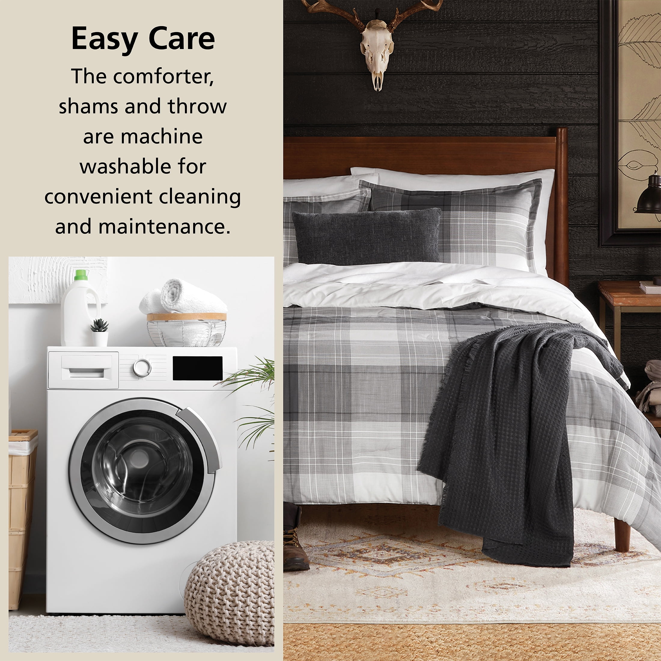 Mainstays King Comforter Set, All-Season, 5-Piece, Grey Plaid