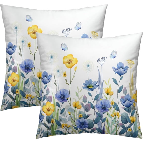 Blue Yellow Flowers Pillow Covers 18x18 Inch Set of 2, Poppy Floral Square Cushion Covers Spring Summer Seasonal Decor Pillowcase for Living Room Sofa Bedroom