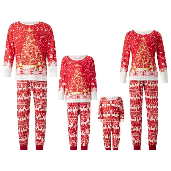 Christmas Matching Pajamas for Family, Gorgeous Tree Print Long Sleeve Tops   Elk Pants Set