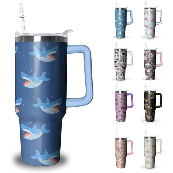Shark Tumbler with Handle and Straw, 40 oz Stainless Steel Pink Insulated Cup with Lid and Straw,Travel Coffee Mug Water Bottle, Birthday Christmas Mothers Day Gifts for Animal Lovers Women