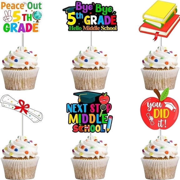 24 PCS 5th Grade Graduate Cupcake Toppers 2026, Bye Bye 5th Grade Hello Middle School Graduation Cake Decorations for Boys Girls, Next Stop Middle School Graduation Party Supplies