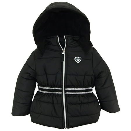 pink-platinum - pink platinum toddler girl solid coat with silver trim strap winter puffer