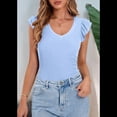 thumbnail image 4 of Camiseta de Verano para Mujer, con Cuello en V, Volantes, Sin Mangas, Corte Entallado, Azul , L, 4 of 7