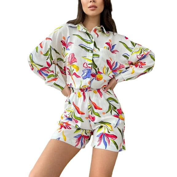 Michellecmm Women Shorts Set, Flower/leaves Print Long Sleeve Shirt with Elastic Waist Shorts Summer Fall Outfit