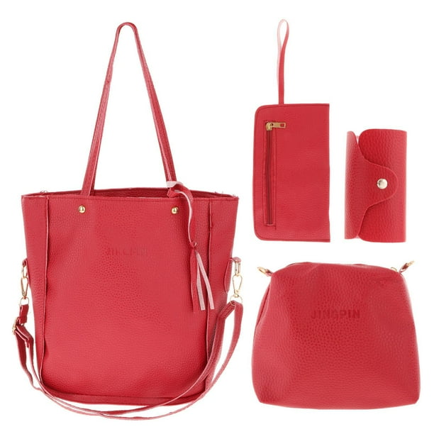 Conjunto de 4 carteras y bolsos formales informales de piel sintética para mujer con cierre de cremallera Rojo