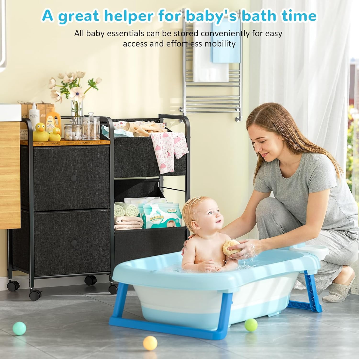 Diaper Caddy Organizer Cart with Drawers and Wheels, 5-Tier Bedside Utility Storage Shelf for Nursery