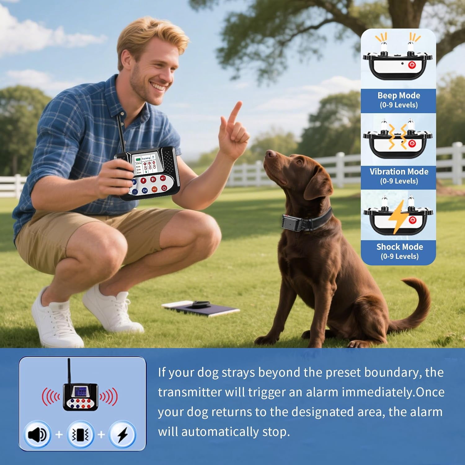 Wireless Dog Fence System, Invisible Shock & Vibration Training Collar, Waterproof Adjustable Perimeter for Outdoor Safety