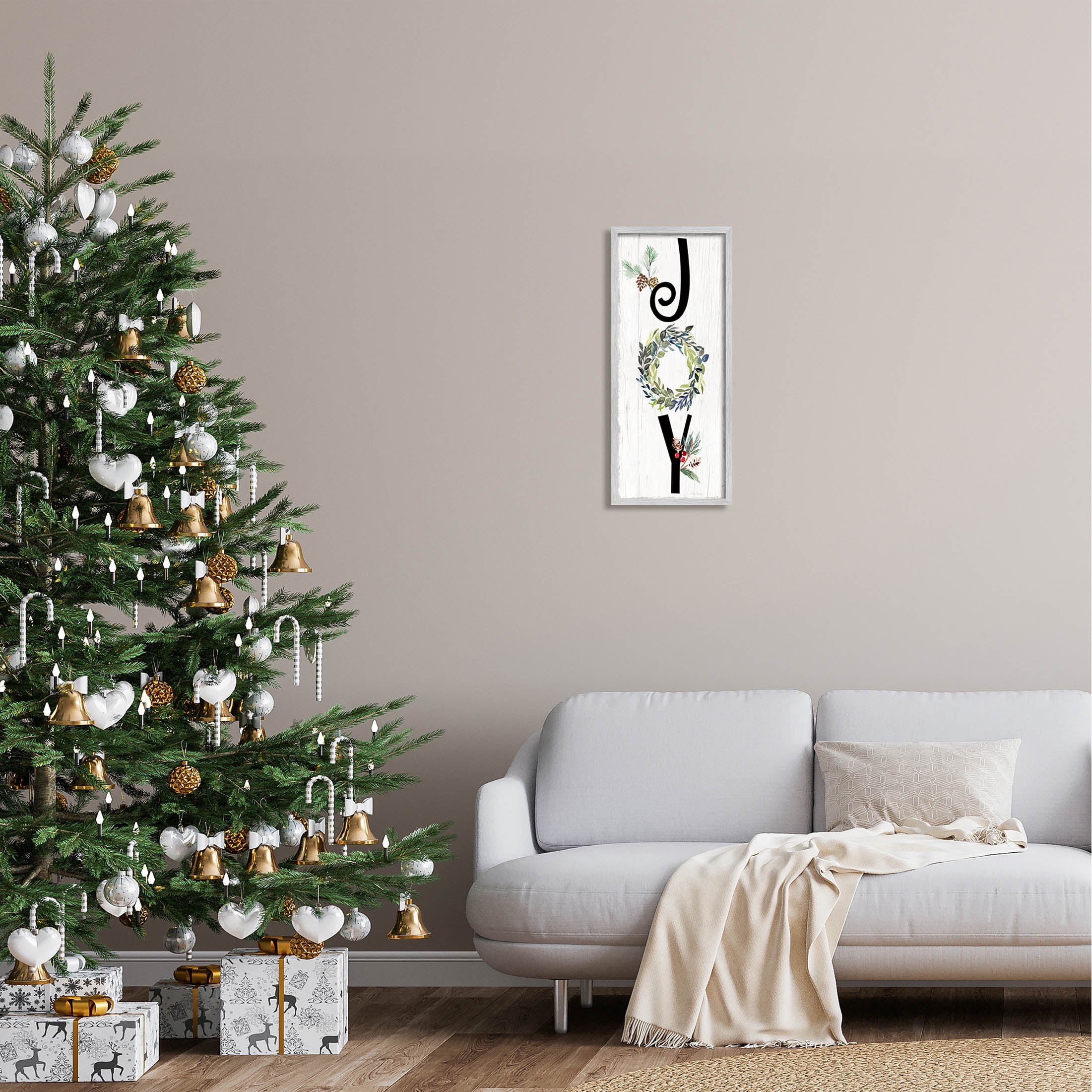 Stupell Industries Joy Seasonal Botanical Wreath Graphic Art Gray Framed Art Print Wall Art, Design by Kristen Brockmon