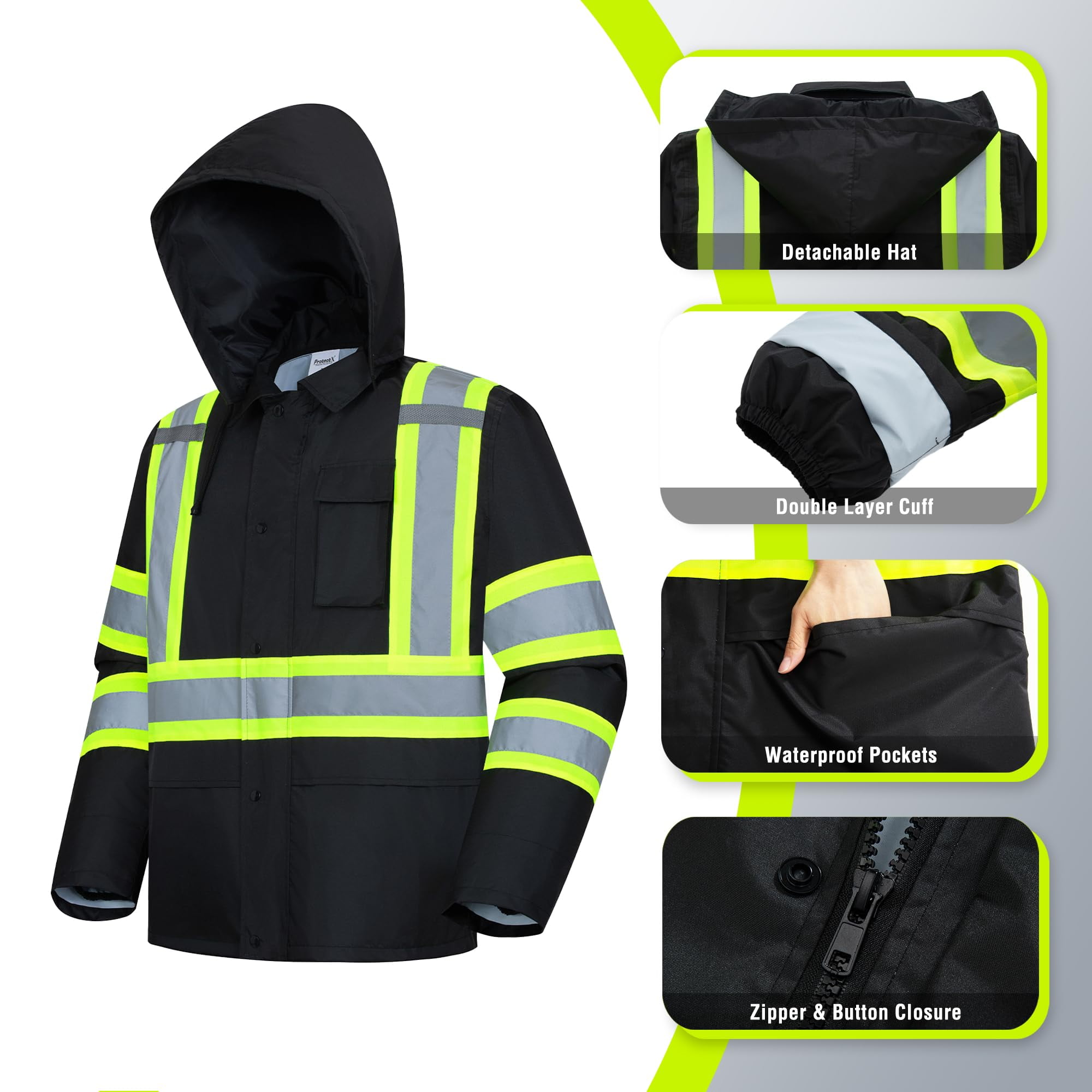 ProtectX Hi Vis Safety Rain Jacket and Pants, Waterproof Reflective Rain Gear for Farming Fishing Work, Men Women Rain Suit with Inner Mesh Lining and Pockets, Black