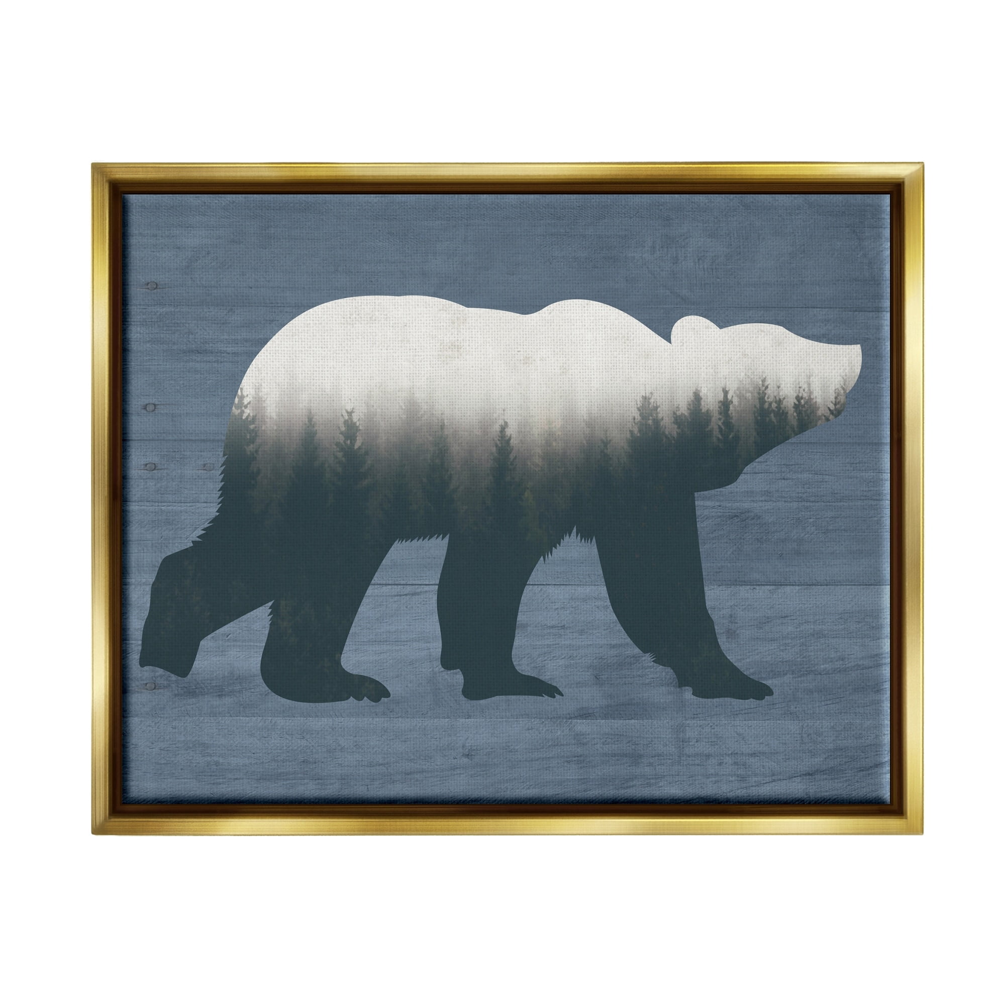 Stupell Industries Rustic Woodland Trees Bear Silhouette Grainy Pattern Graphic Art Metallic Gold Floating Framed Canvas Print Wall Art, Design by Lettered and Lined