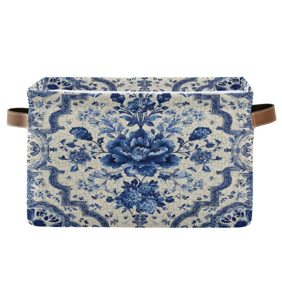 Foldable Storage Basket,Canvas Fabric Foldable Storage Bins with Handles Open Home Storage Bins Boxes for Toy Book Shelf Closet Baskets Blue and White Porcelain-style