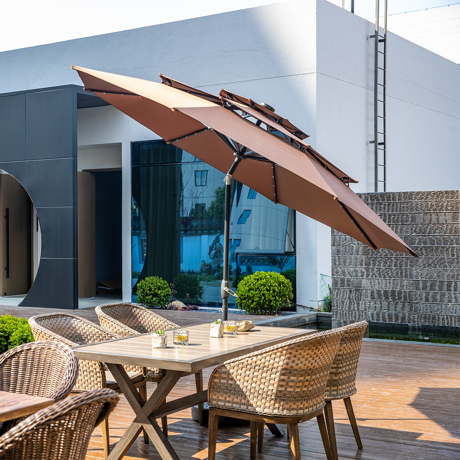 Wesfital Patio Sun Umbrella 10Ft 3 Tiers Market Umbrella Solar 32 LED Lighted Umbrella with 8 Ribs Patio Outdoor Table Umbrella, Coffee - Walmart.com Wesfital Patio Sun Umbrella 10Ft 3 Tiers Market Umbrella Solar 32 LED Lighted Umbrella with 8 Ribs Patio Outdoor Table Umbrella, Coffee - Walmart.com