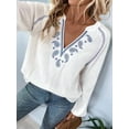 thumbnail image 3 of Women'S Boho Tops Long Sleeve V Neck Embroidery Blouse Linen Shirt White L, 3 of 7