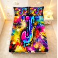 thumbnail image 5 of Manfei Neon Gradient Monogram J Queen Sheets,Paint Splatter Queen Sheet Sets,Black,4pcs,1 Flat Sheet,1 Fitted Sheet and 2 Pillowcases, 5 of 6