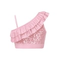 thumbnail image 2 of TiaoBug Kids Girls Asymmetrical Ruffled Sequin Performance Crop Tops Modern Jazz Hip Hop One Shoulder Dance Top Pink 8, 2 of 7