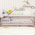 thumbnail image 5 of Twin Size Floor Bed Frame with Slats, Fence and Door,Rubber Wood Floor Bed with Safety Guardrails,Bed Frame for Girls, Boys, Close to the Floor,Easy to Assemble,No Box Spring Needed,Pink, 5 of 7