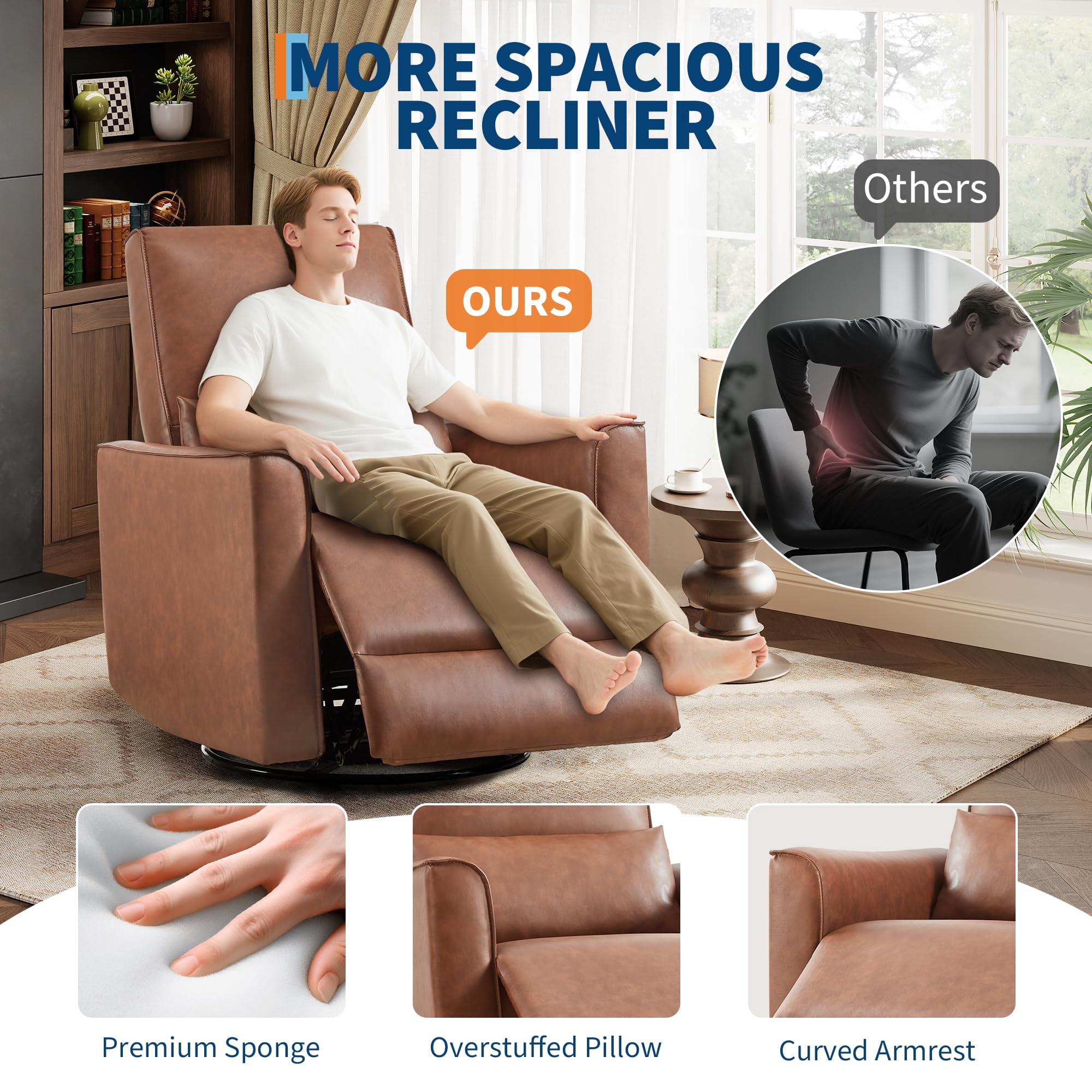 Swivel Rocking Recliner Chair, 360° Leather Recliner with Adjustable Backrest Rocker Recliner Glider Deep Seat PU Leather Sofa Chair with high Backrest for Living Room, Bedroom,Nursery