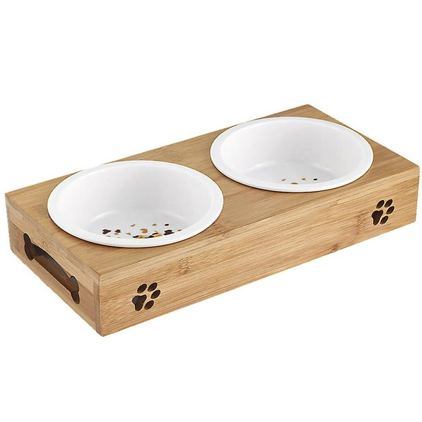 style 1 Cuenco de comida para mascotas con soporte, juego de 2 piezas de madera antideslizante para alimentación de cachorros, acero inoxidable y agua