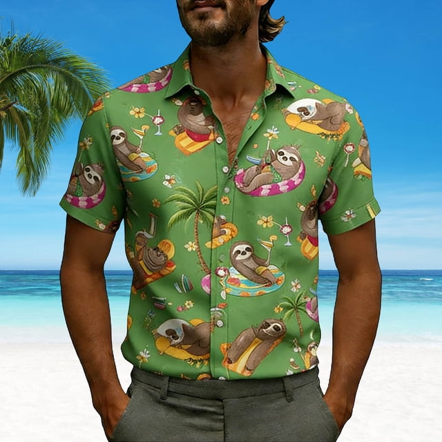 Ceisia Men's Loose Fit Short Sleeve Button-Down Shirts - Sloth Vacation Tropical Print Green XXXXXL Gifts