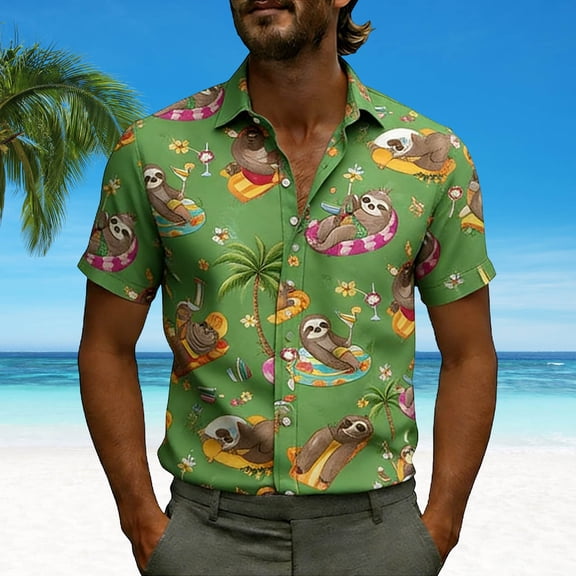Fnnxeal Mens Sloth Hawaiian Shirt Short Sleeve Button Up, Funny Tropical Aloha Shirt with Cartoon Print for Beach Vacation & Luau Party,Size S