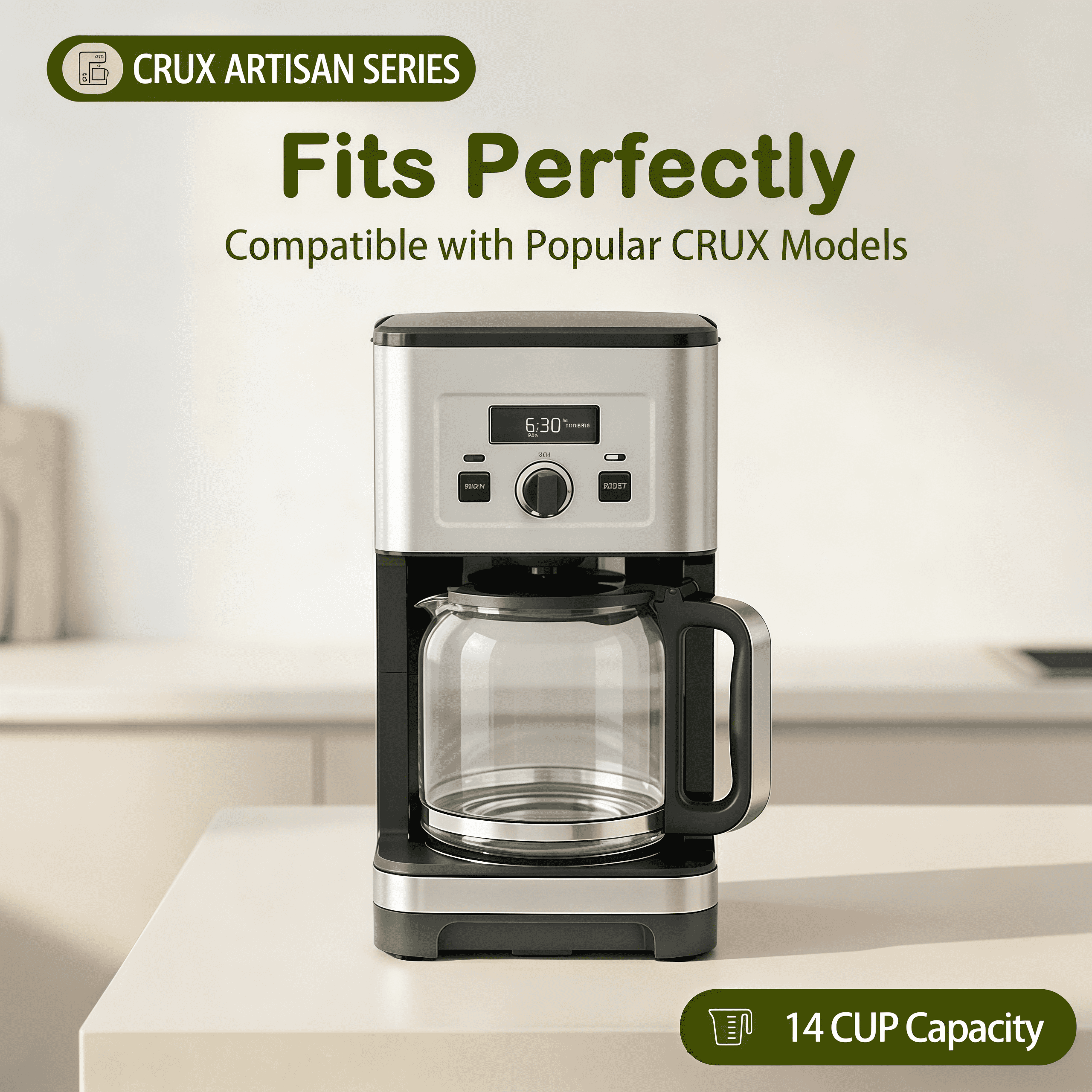Glass Coffee Carafe Replacement for Compatible with 14-Cup & Crux Artisan Series Coffee Machines - Durable Coffee Pot with Measurement Markings