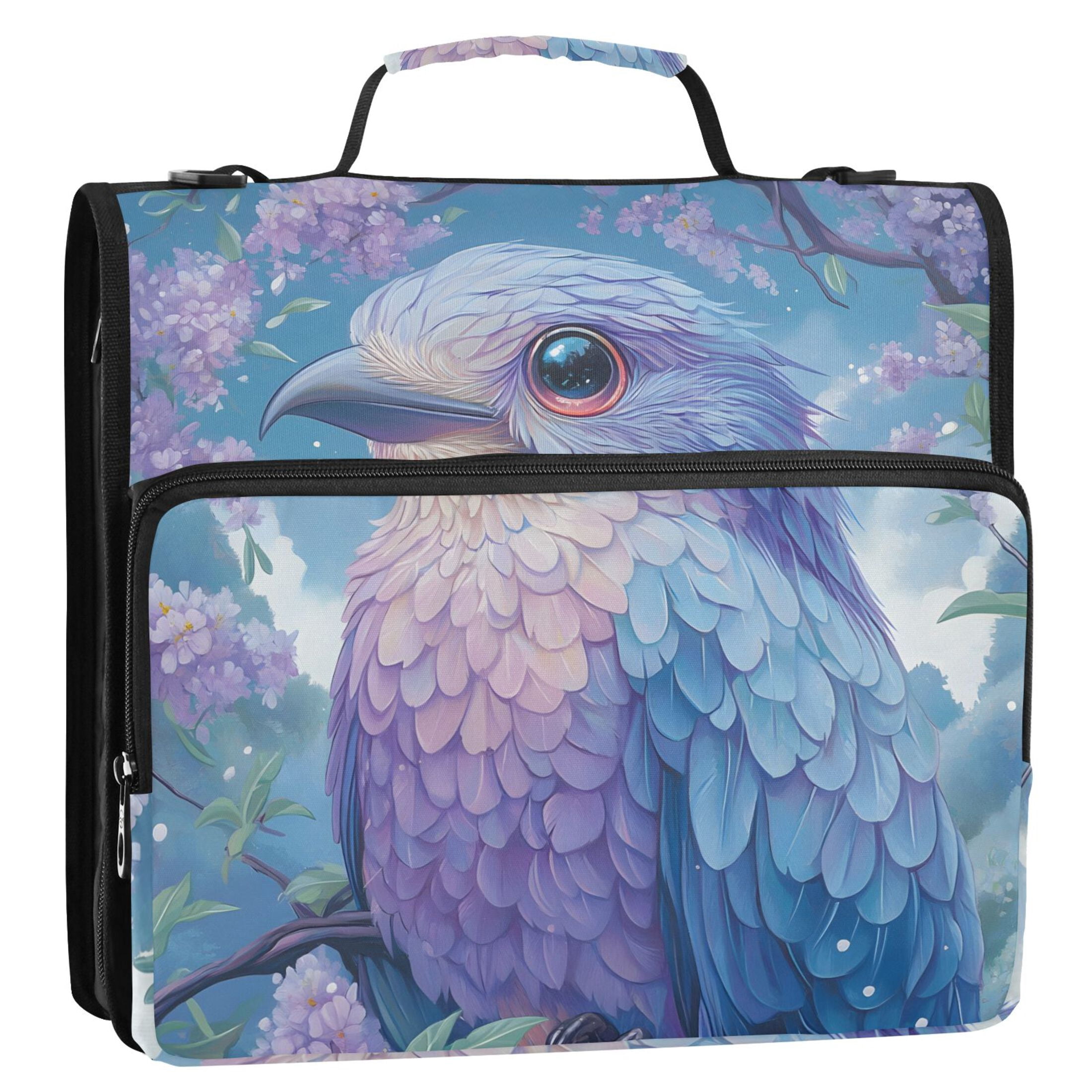 3 Ring Zipper Binder with Shoulder Strap Waterproof Trapper Keeper 2 Inch D-Ring 500 Sheets Capacity Blue Purple Bird and Flower