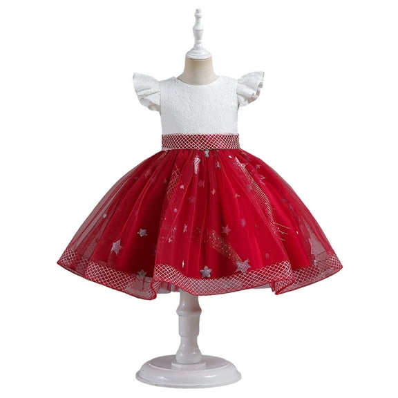 XBASW Kids Baby Girls Princess Dresses Sequins Performance Dress Toddler Girls Tulle Tutu Fly Sleeve Wedding Evening Party Gowns 3-12T