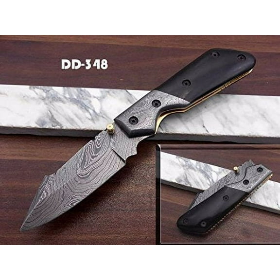 Damascus steel 7.5" long Folding Knife, Bull horn scale with Damascus bolster and pocket clip, custom made Hand Forged Raised edge blade, Cow hide leather sheath with belt loop
