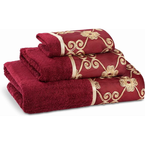 Popular Bath Elegant Rose 3-piece Bath Towel Set Color: Burgundy and Gold