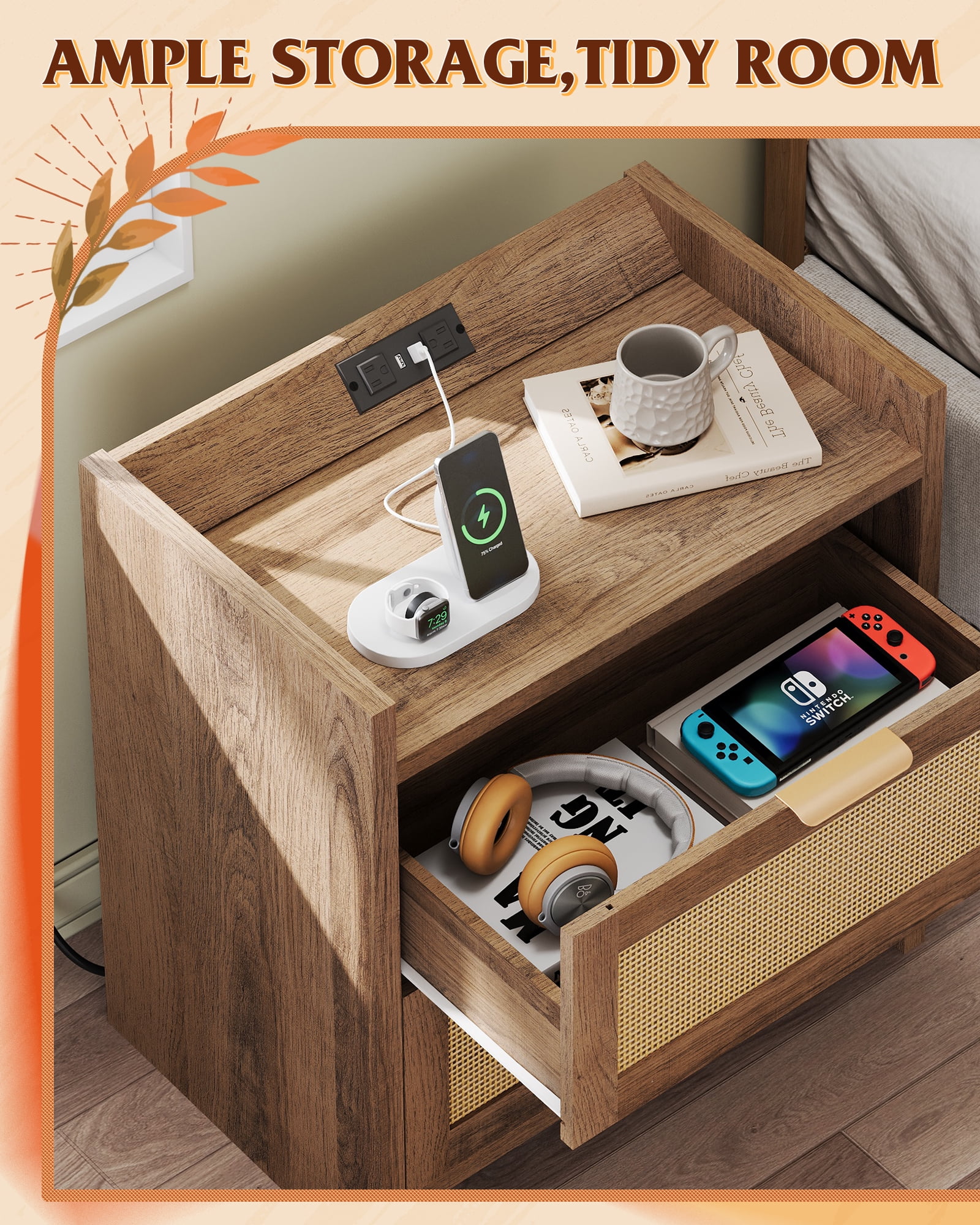 GALAXHERO Nightstand Set of 2 with Charging Station, Boho Rattan Bedside Tables, 2 Drawers End Table for Bedroom, Living Room, Natural Oak