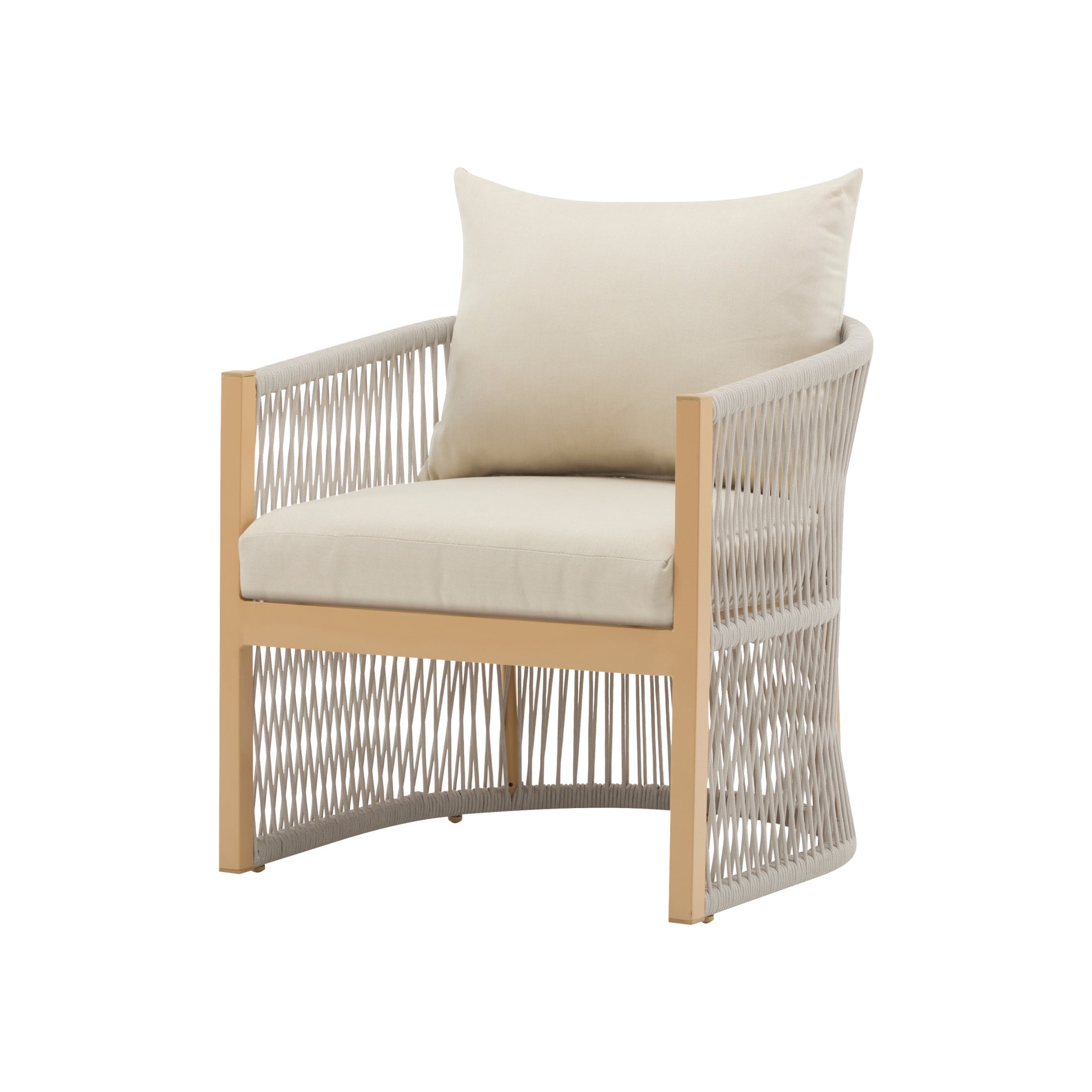 Knox Modern Outdoor Patio Rope-Weave Lounge Chair, Club Chair with Curved Frame, Aluminum Base, and Cushions, Beige