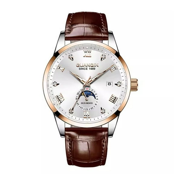 GUANQIN Men Calendar Moon Phase Vintage Multifunctional Wristwatch Analog Automatic Self-Winding Mechanical Wrist Watch Steel or Leather Band Sapphire Waterproof Business Clock