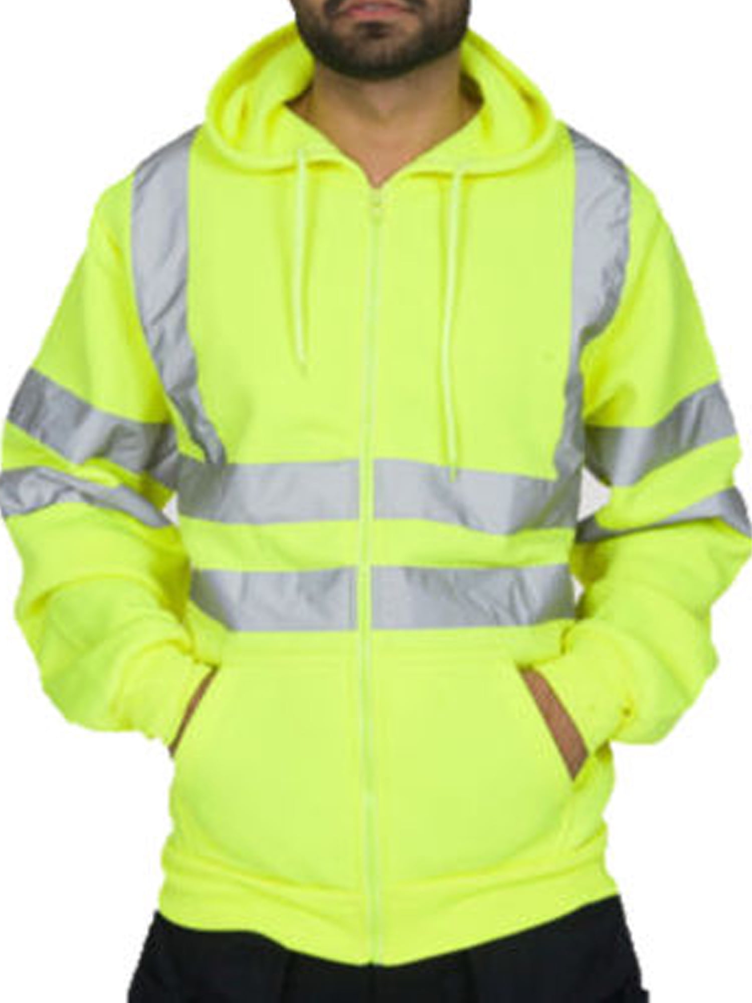 Madjtlqy - Hi-Vis Insulated Safety Bomber Reflective Tape Jacket Coat Road Work Zip Hoodie 