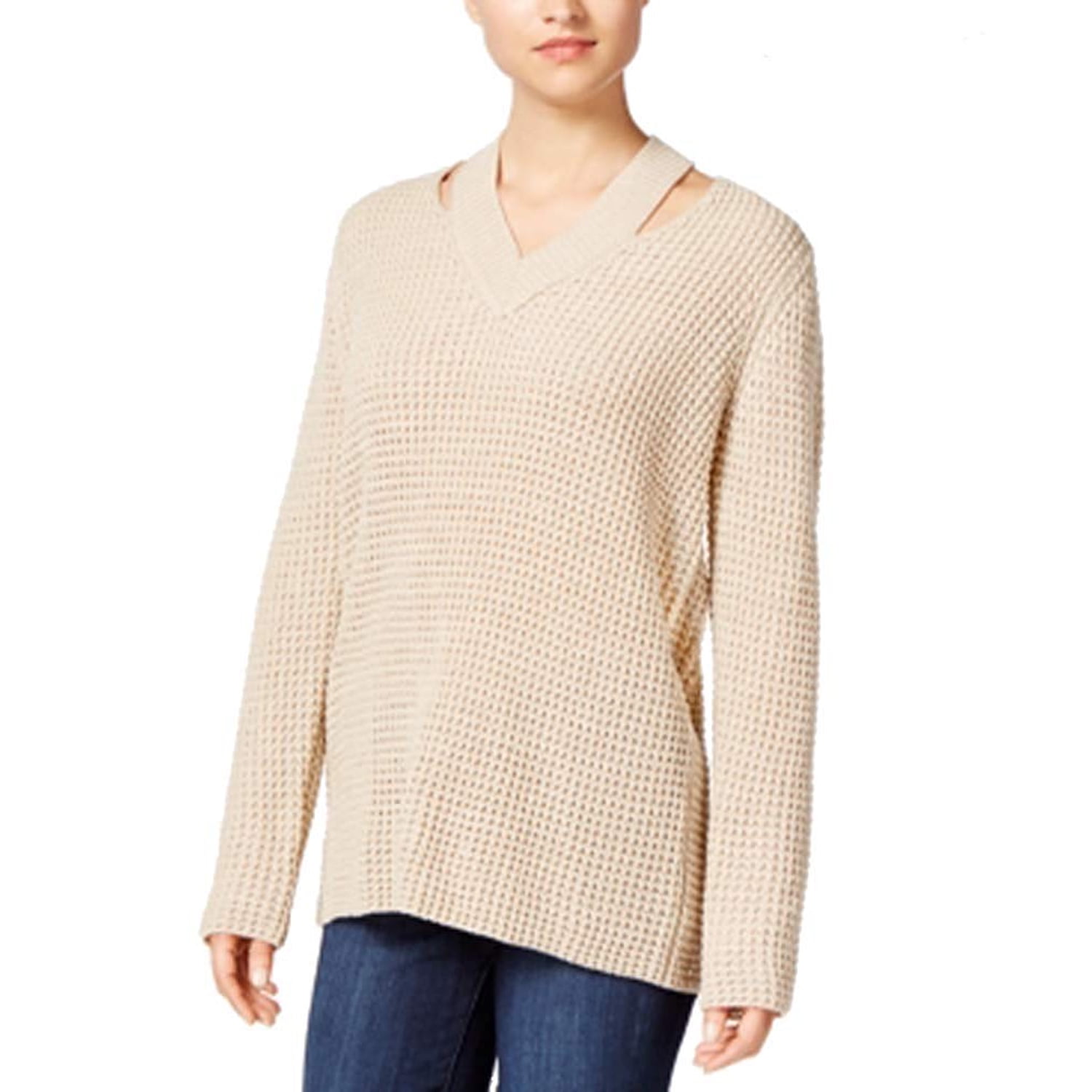 Hooked Up Hooked Up by IOT Juniors Cutout Collar Sweater (Oatmeal