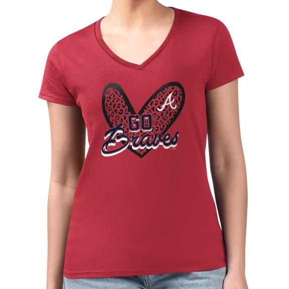 Women's G-III 4Her by Carl Banks Red Atlanta Braves Leopard Heart Fitted V-Neck T-Shirt