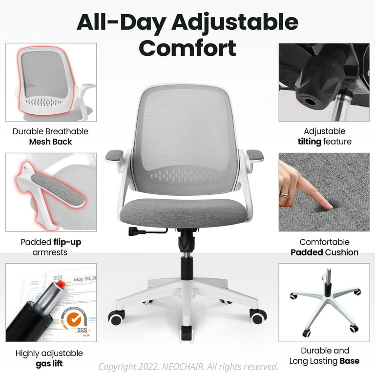 Neo Chair Adjustable Office Chair with Flip-Up Padded Armrest Ergonomic Back Support, Black