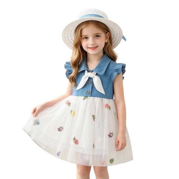 Babcutegg Cute Denim Skirt With Floral Mesh Overlay, Sleeveless Cowboy-Style Dress And Matching Hat For Young Girls White Size 2T