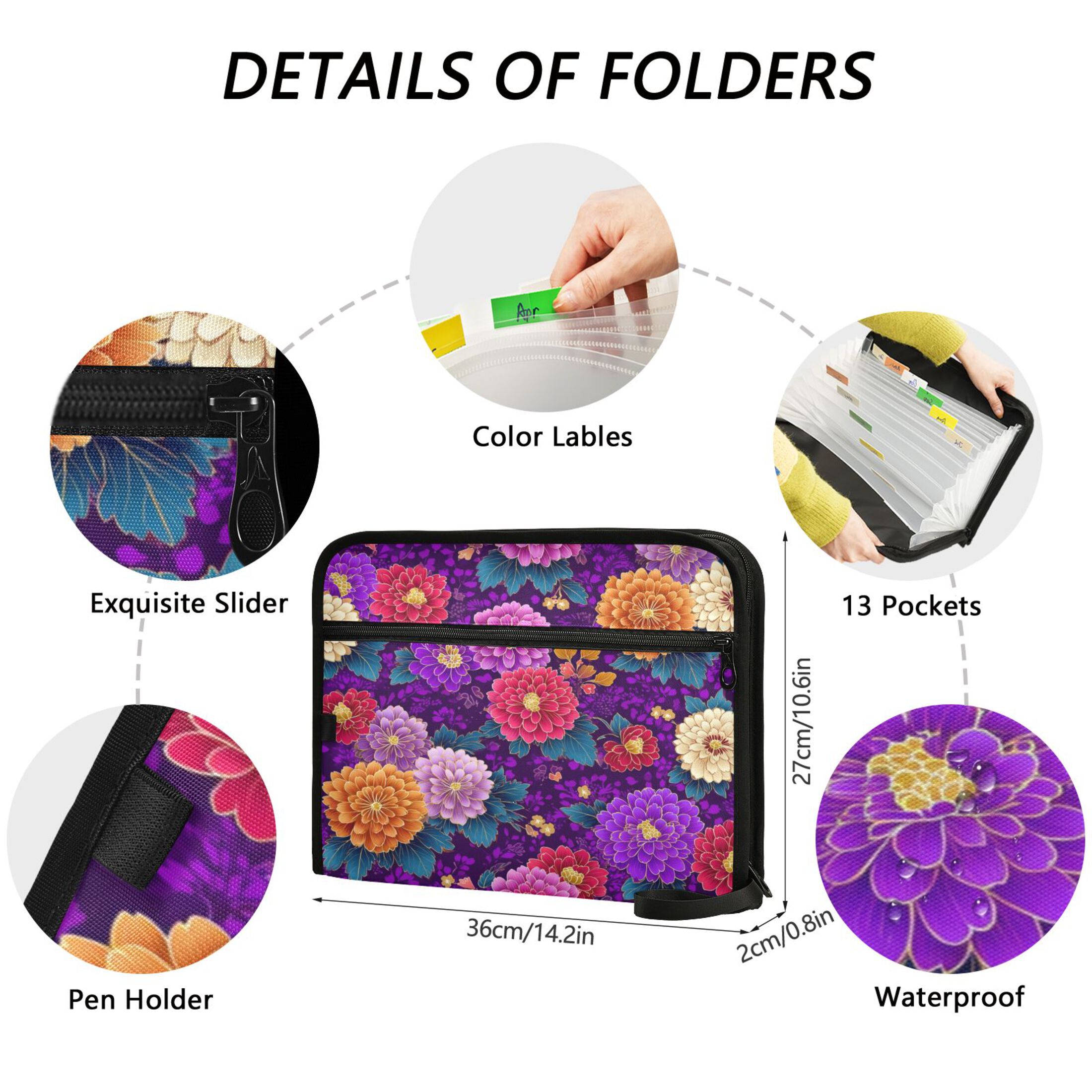 Organ Folder 14.2 x 0.8 x 10.6 Inches 13 Separate Pockets A4 Size Documents Folder A Sort Storage File Manager For The Home Office Japanese Flowers