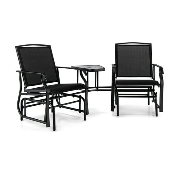 Spaco Double Swing Glider Rocker Chair set, Deluxe Outdoor Patio with Glass Table-Black