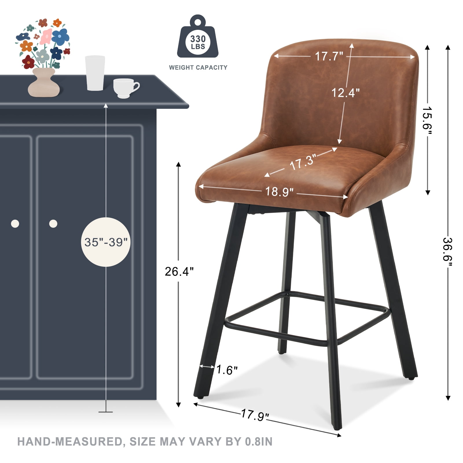 MultiHaven 26.1" Swivel Bar Stools Set of 2, Square Back & Metal Legs, PU Leather Counter Height Chairs for Kitchen, Bar, Cafe - Brown