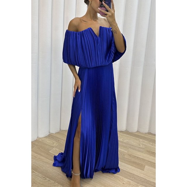Vestido elegante y sexy con hombros descubiertos y plisado para mujer de otoño e invierno