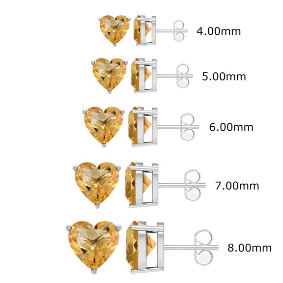 4MM,5MM,6MM,7MM,8MM Heart Citrine 925 Sterling Silver Solitaire Mother's Day Gift Earrings (Set of 5)