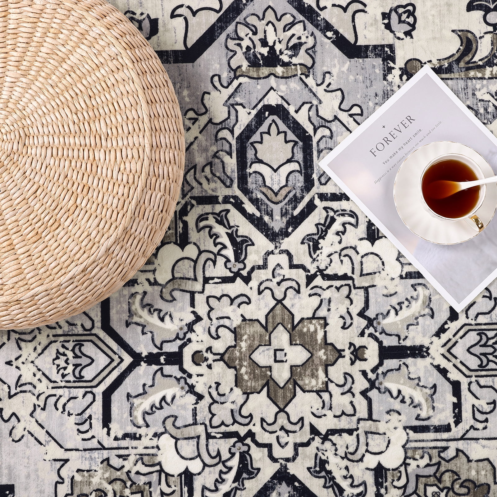 LOKHOM 5'x7' Boho Area Rug for Living Room, Non Slip Machine Washable Rugs Vintage Floor Carpet for Bedroom Dinning Room Kitchen, Black Coffee